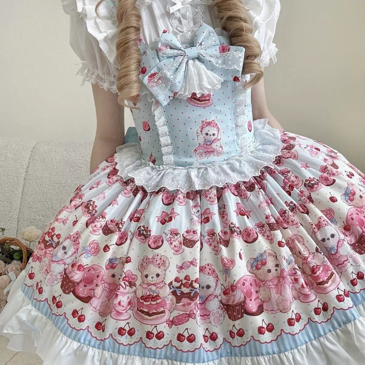 Sweetheart Dream Machine - Candy Bear Picnic - Printed JSK Suspender Dress with Teddy Bear Motif