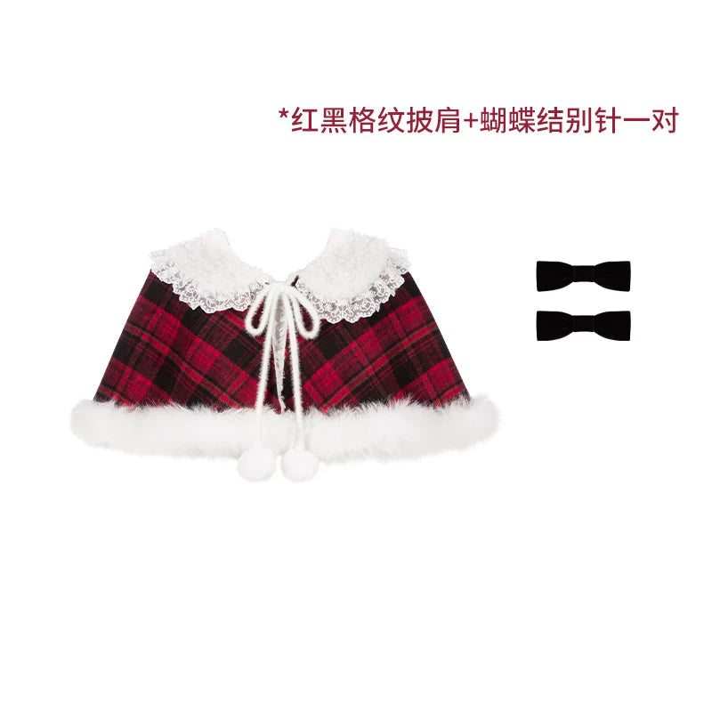 With PUJI - Snow Night Serenade - Fluffy Plaid Kawaii Lolita JSK, Reversible Cape detail view 13