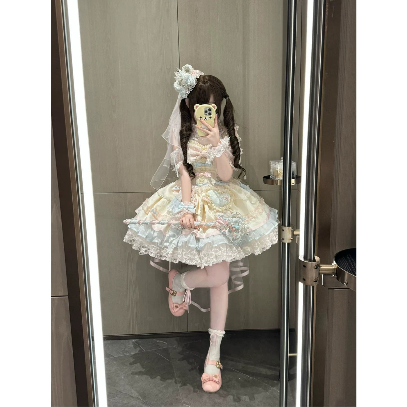 Creamy - Blue-Pink Ballet Veil - JSK Suspender Dress Set with Bow Veil
