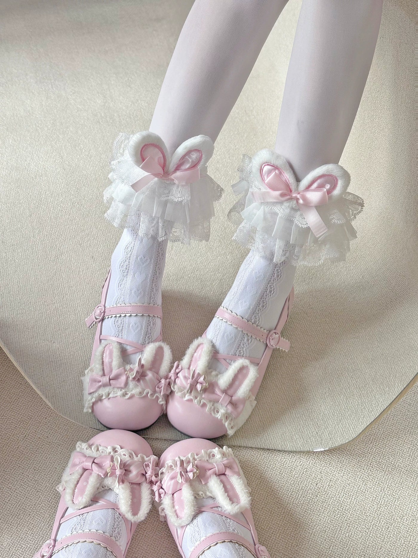 Fantasy Doll - Bunny Ear Frill - White Mid-Calf Socks with Pink Bunny-Ear Cuffs and Lace Trim