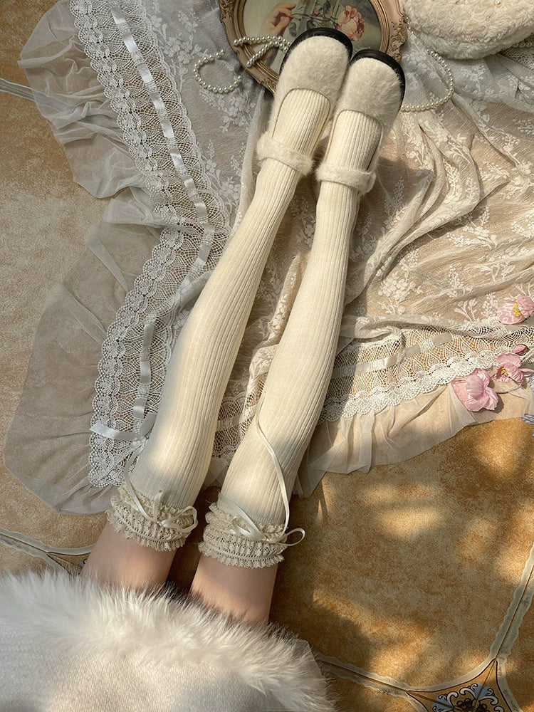 Sock Noble - Winter Lace Bow - Thigh-high socks with wide lace trim and ribbon ties