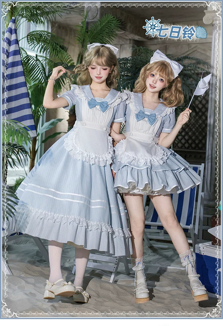 With PUJI - Seven-Day Bell - Blue Classic Lolita Striped OP Dress, Sailor Collar detail view 6