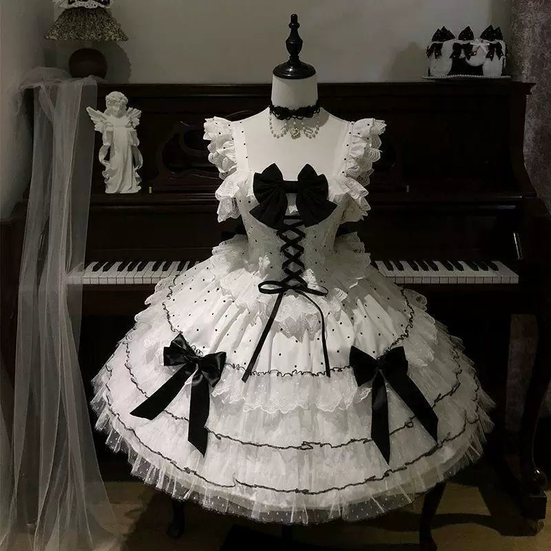Sweetheart Dream Machine - Black & White Bow - JSK dress with layered ruffles