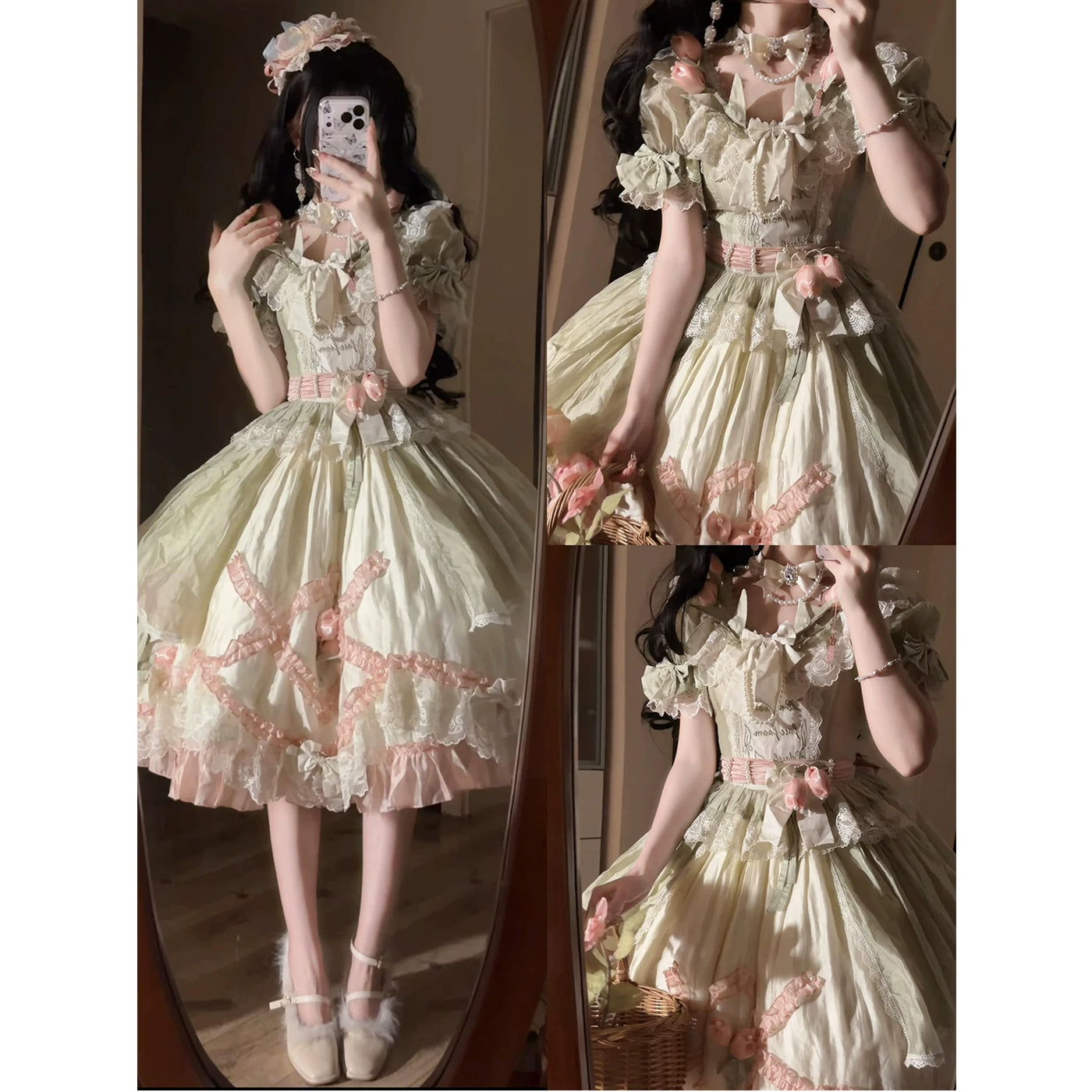 Creamy - Green-Pink Garden - Short-Sleeve Lolita Dress Set with Floral Details
