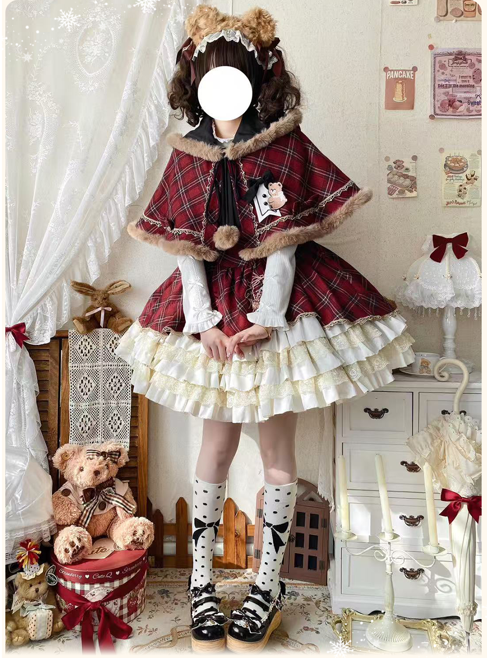 OCELOT - Kurikuma Cocoa - Christmas Plaid Lolita JSK, Hooded Cape