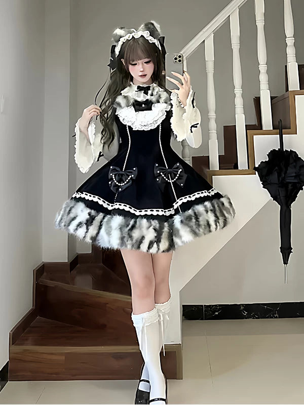 Creamy - Monochrome Ribbon - Black Three-Piece JSK Set with White Lace Trim
