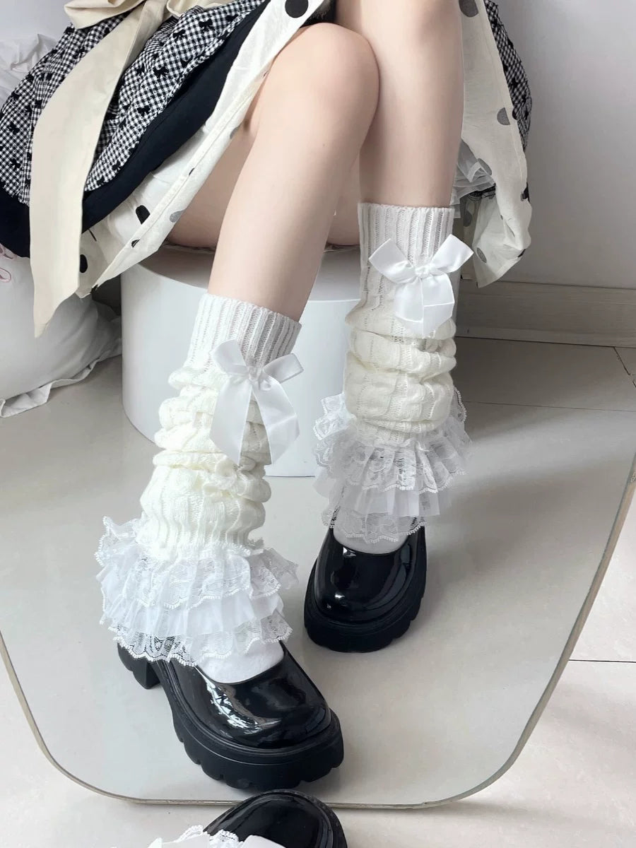 Fantasy Doll - Bowed Lace Layers - Knit Mid-Calf Leg Warmers with Lace Ruffles and Bows
