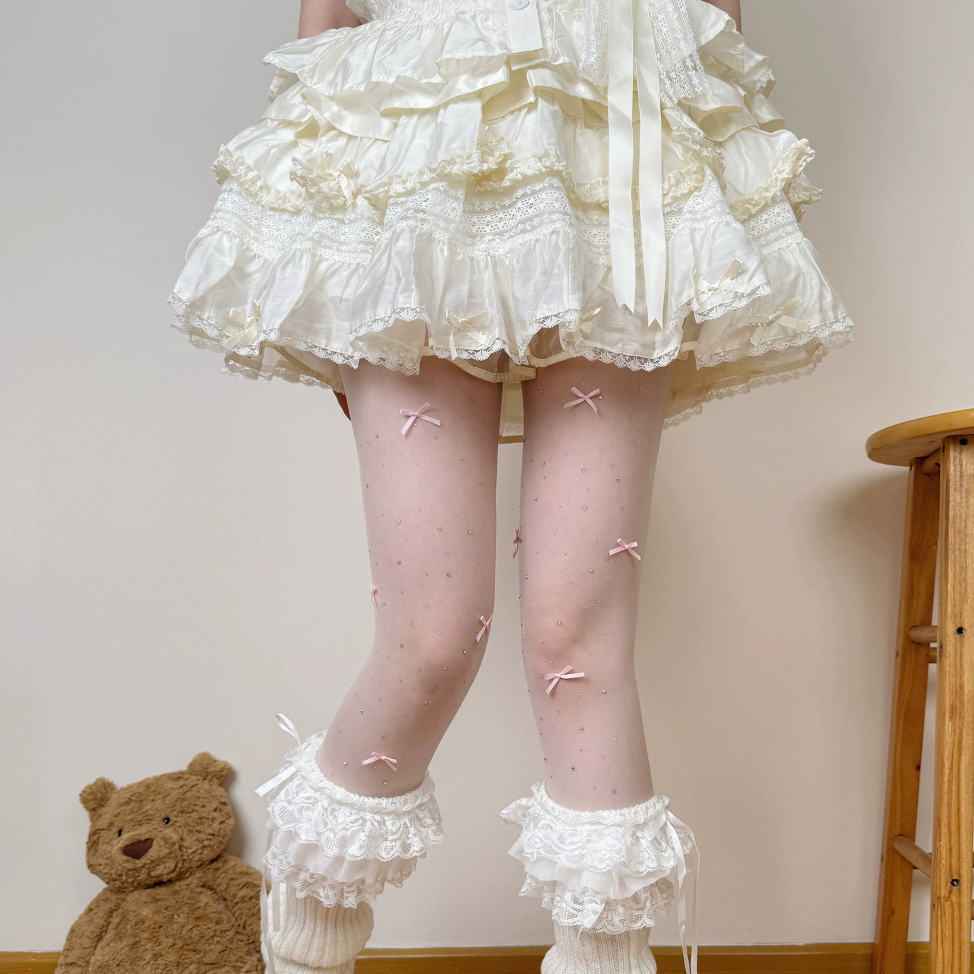 Chubby Bear Tales - Ballet White Collection - One-Size Stockings with Bow and Pattern Variants