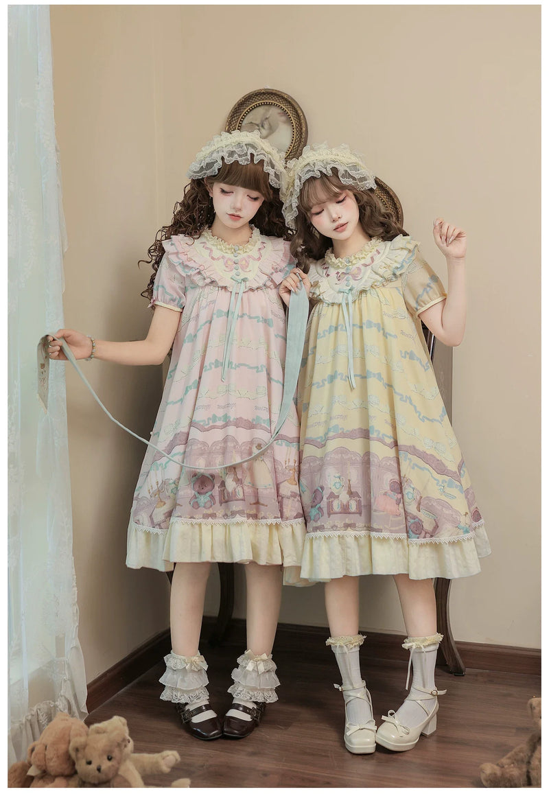 With PUJI - Brown Dollhouse SP - Kawaii Lolita Dollhouse Printed OP Dress with Embroidery