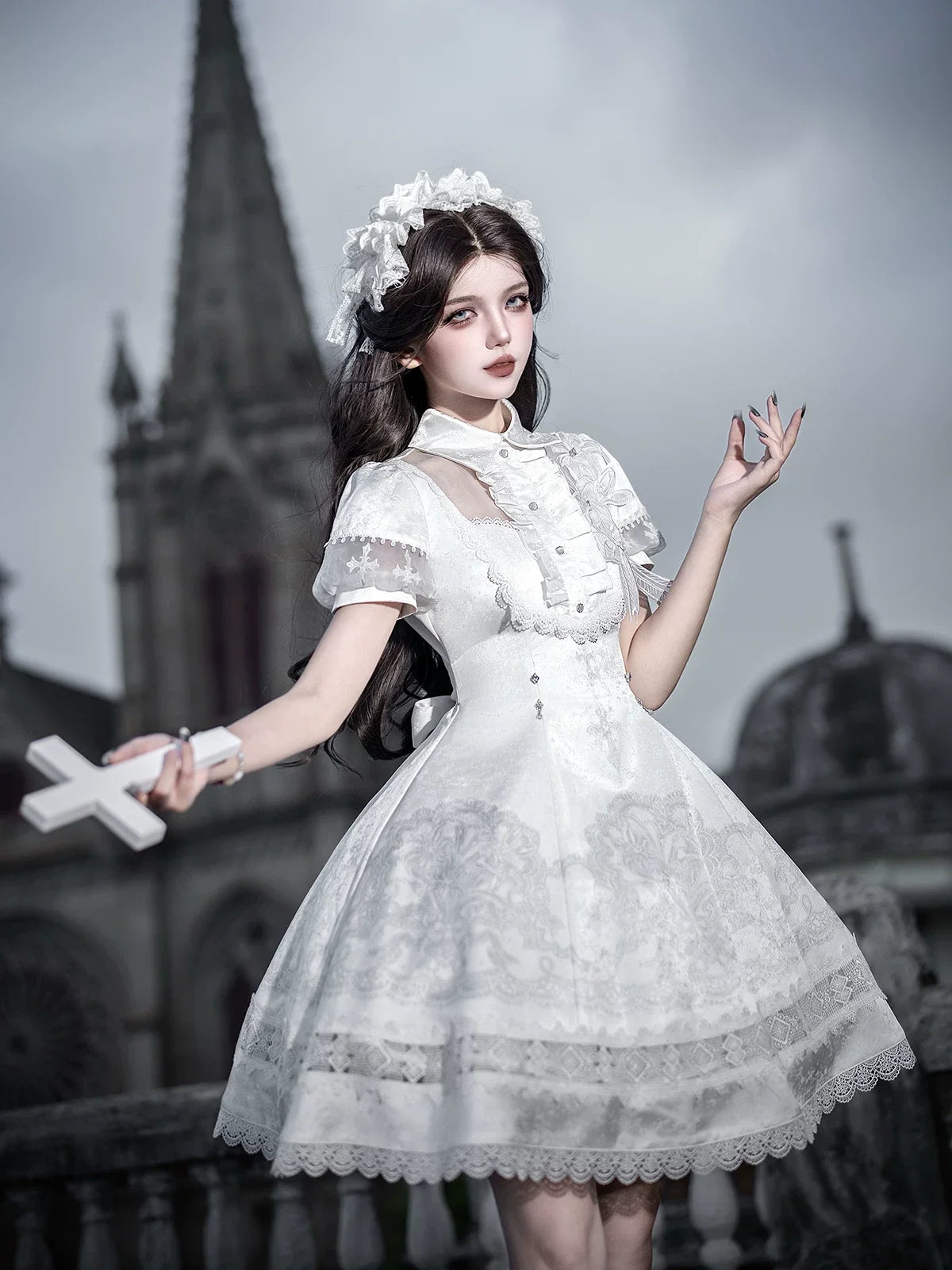 Letters from Unknown Star - White Classic Lolita Printed OP - Dress with Cross OP Dress
