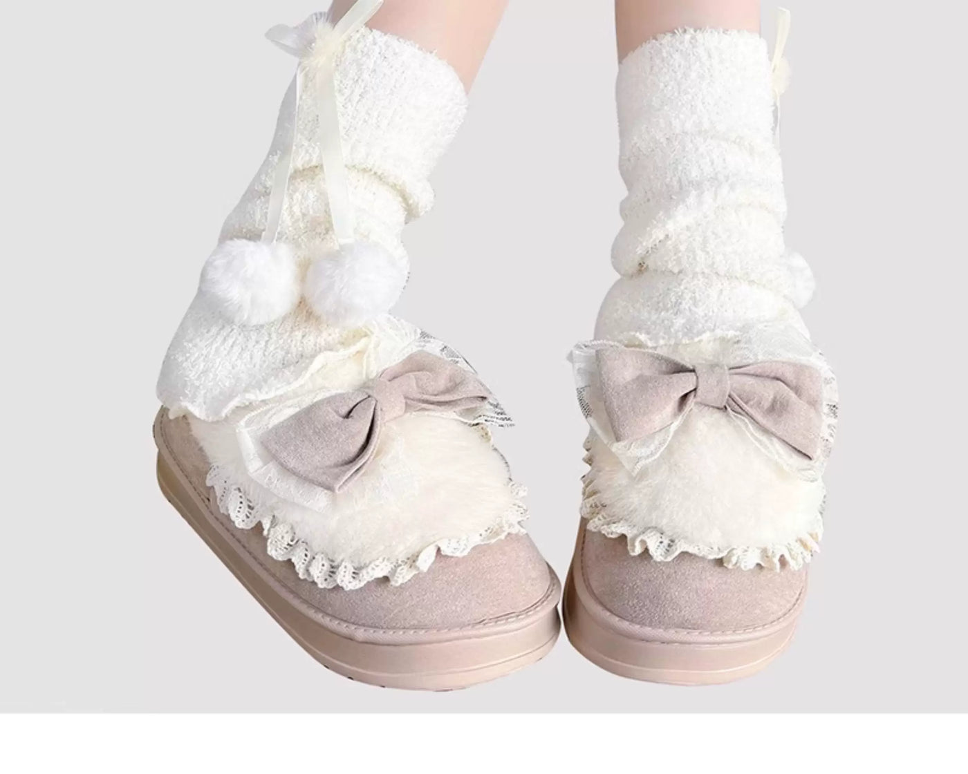 Floral Milk Cat - Pom-Pom Bow - Slouchy Mid-Calf Socks with Ruffle Trim