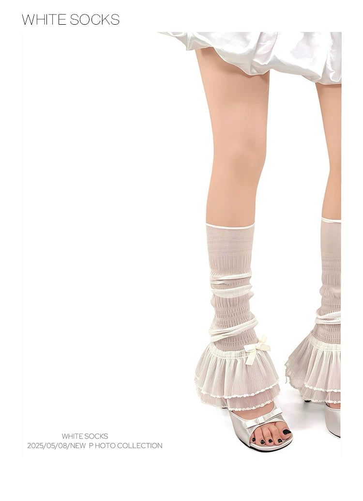 White Socks - Ballet Ruffle - Socks with double-layer pleated lace cuffs