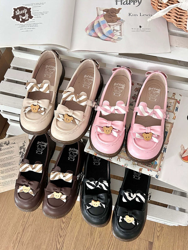 Sheep Puff Bear Uniform Low Heel Lolita Shoes in pastel pink with cute bear embroidery and lace details.