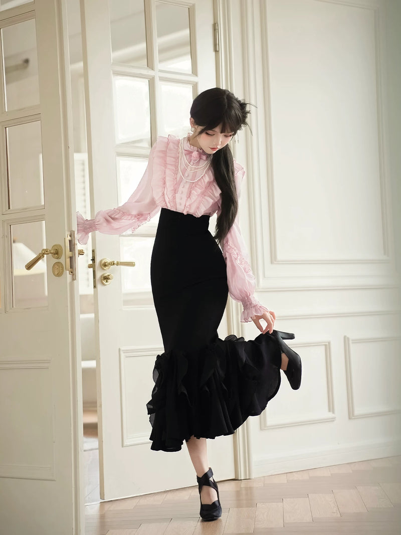 With PUJI - Miss Laura: Long-sleeve Mermaid - Lolita OP Dress, Ruffle Trim detail view 3