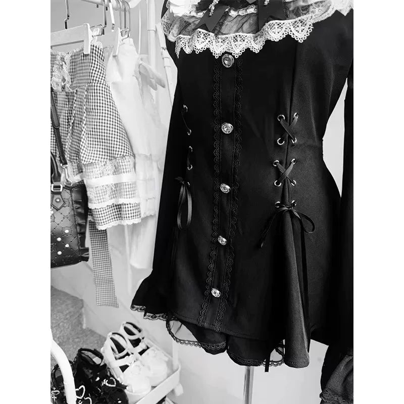 Creamy - Monochrome Gothic - Black-and-White Lolita Set with Lace Collar