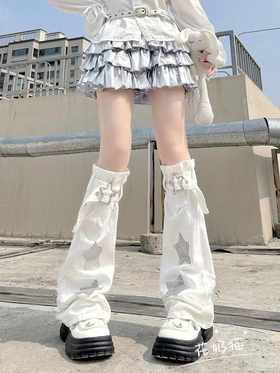 White star denim mid-calf leg warmer with star-shaped leather buckle