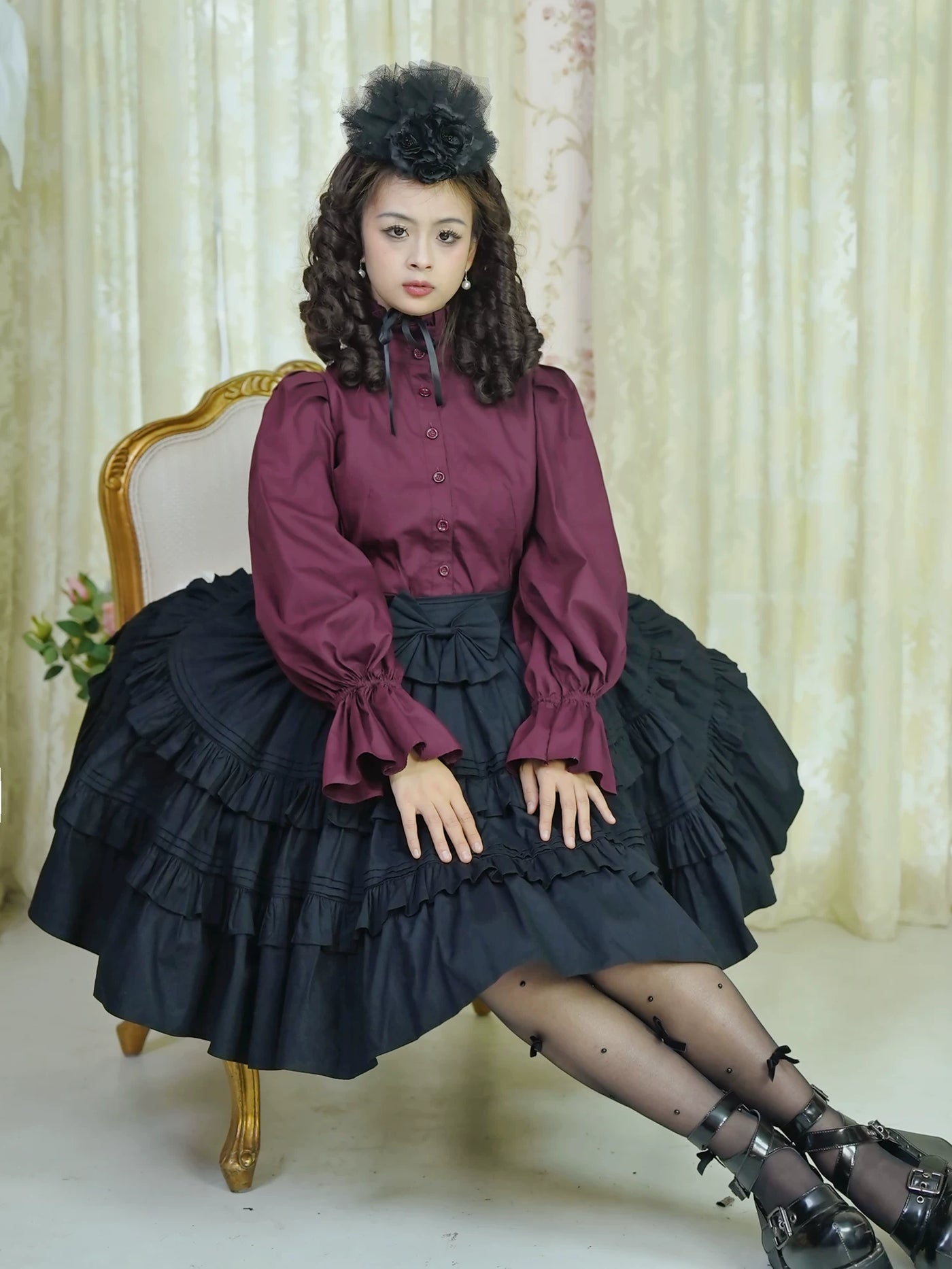 LACE GARDEN - Dark Chamber Rose - 360-Degree Full-Circle Ruffle Skirt