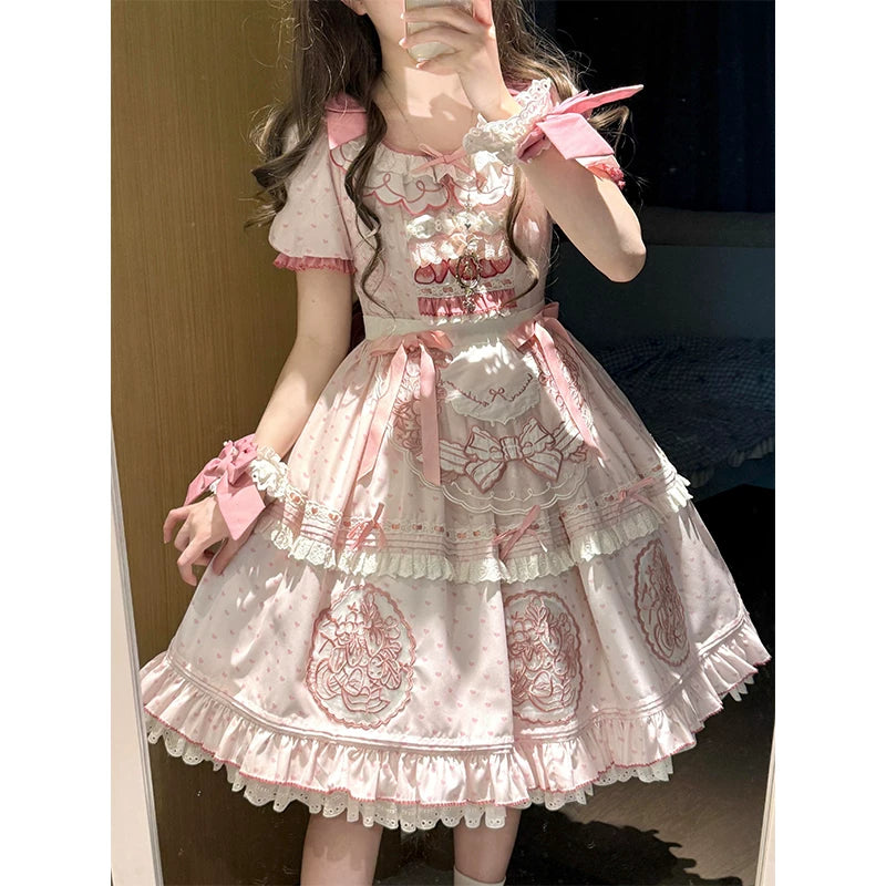 Creamy - Sweet Lolita Strawberry Embroidered OP Dress - Pink