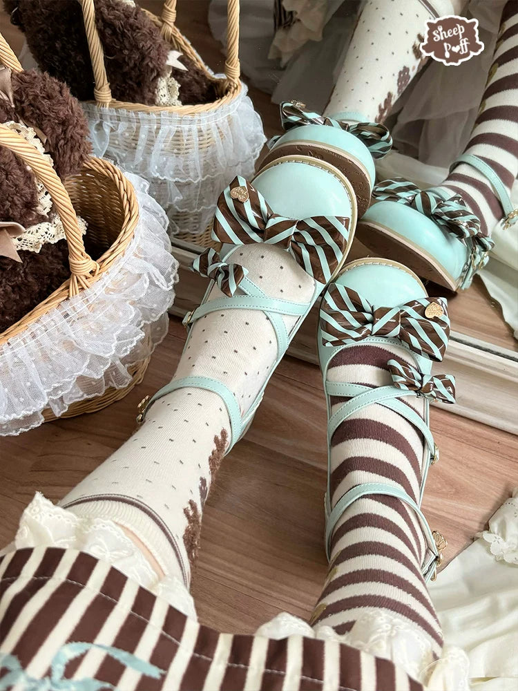 Sheep Puff Candy Tea 2.0 Chocolate Lolita Shoes featuring black and brown design with decorative bows and detailed stitching.