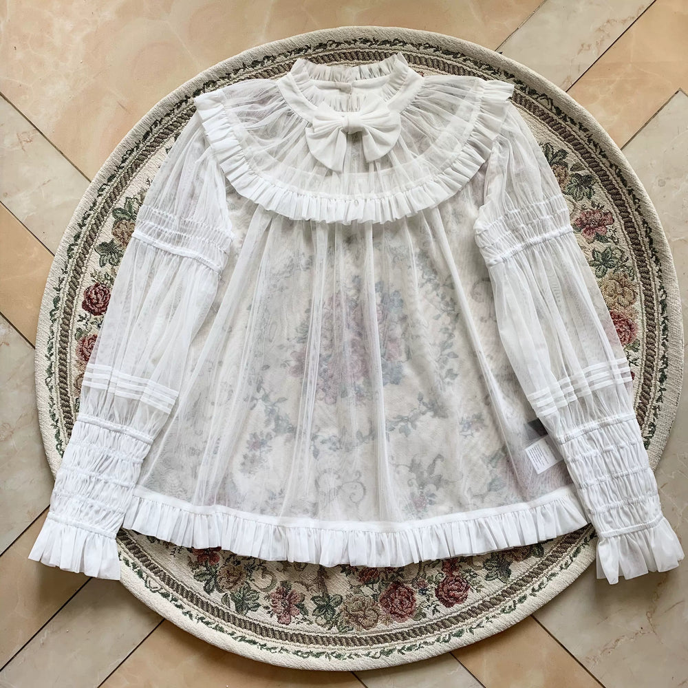 Sheer long-sleeve blouse with ruffled collar and bow, laid flat.