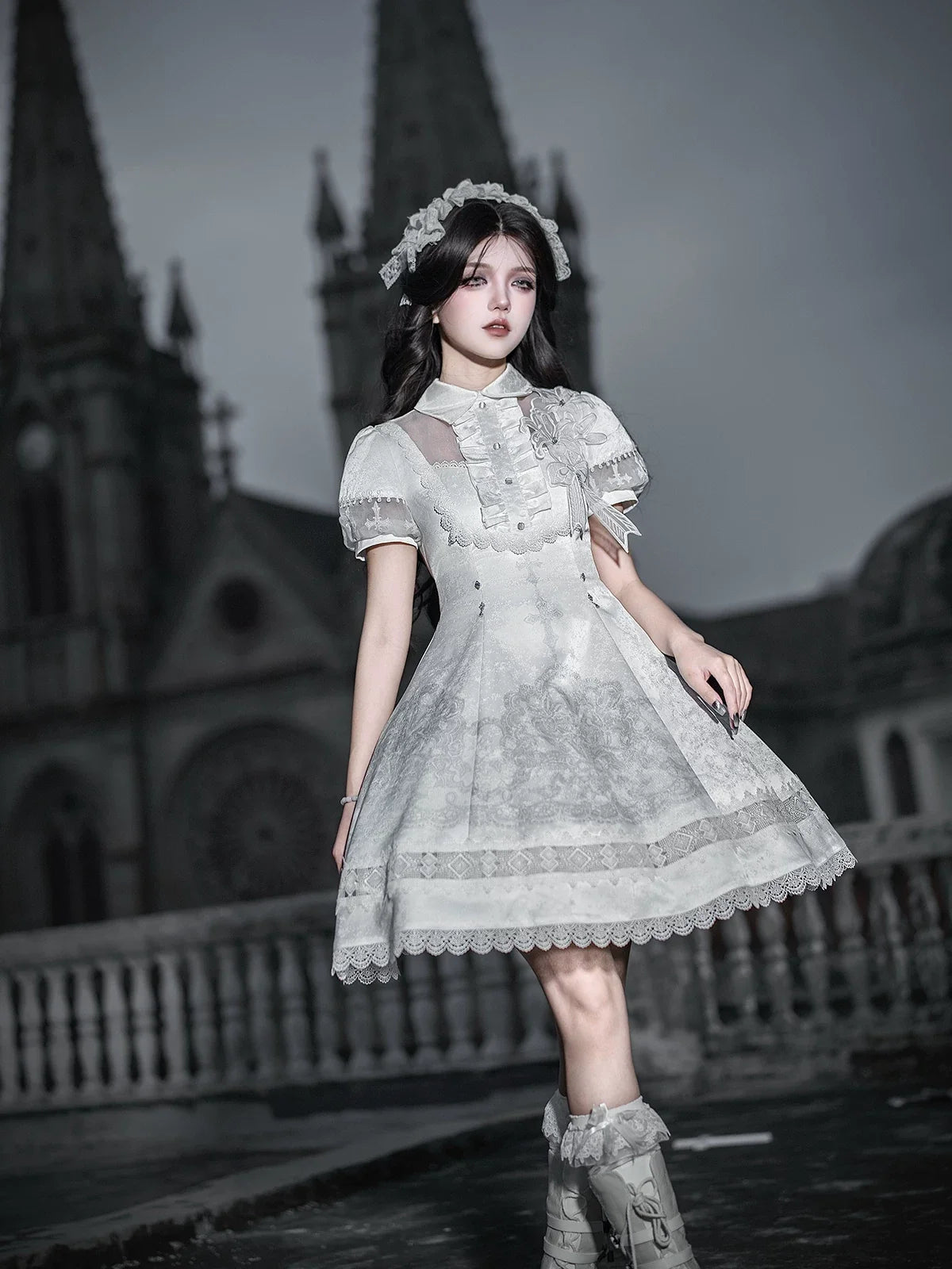 Letters from Unknown Star - White Classic Lolita Printed OP - Dress with Cross OP Dress