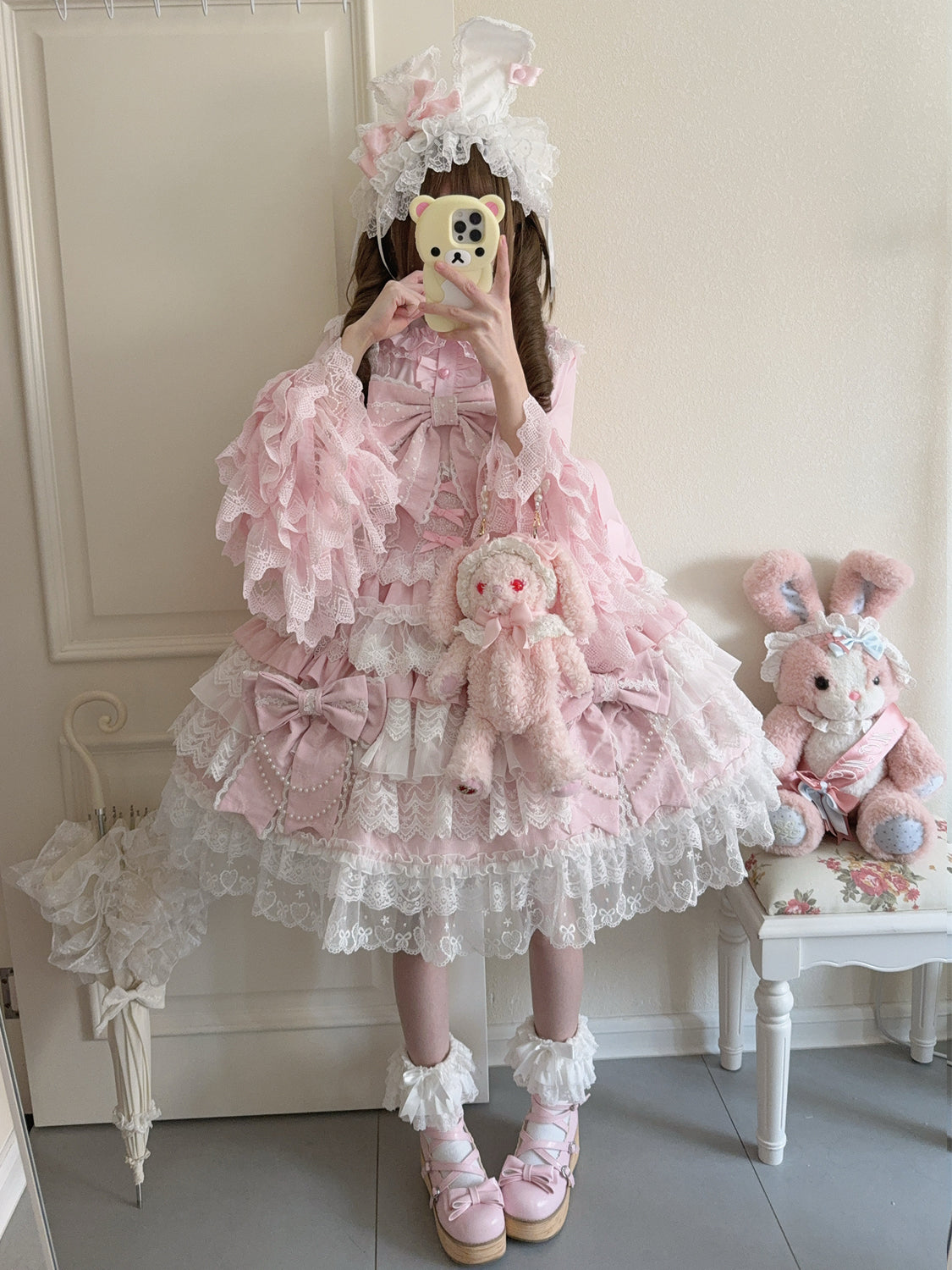 Hanguliang - Cross Heart Knot - Sweet Lolita JSK Suit Tiered Ruffles Dress, Lace Blouse