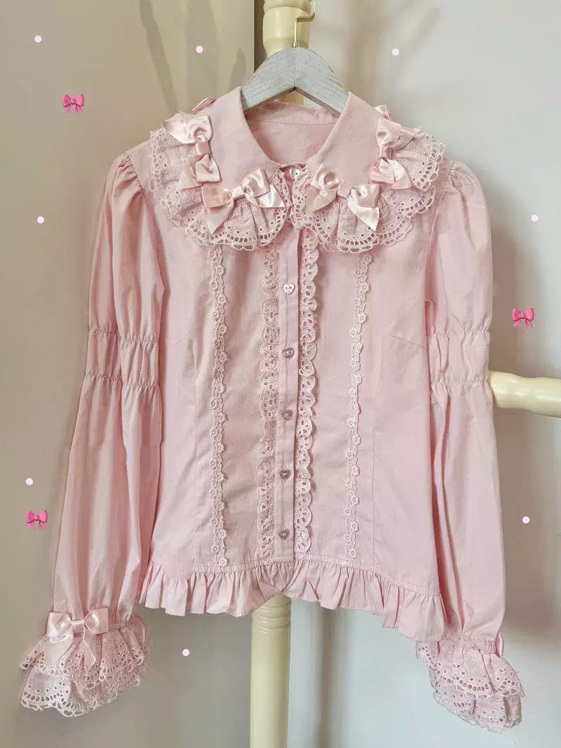 Sweetheart Dream Machine - Vintage Doll Collar - Blouse with Lace Trim, Bow Accents and Ruffled Hem