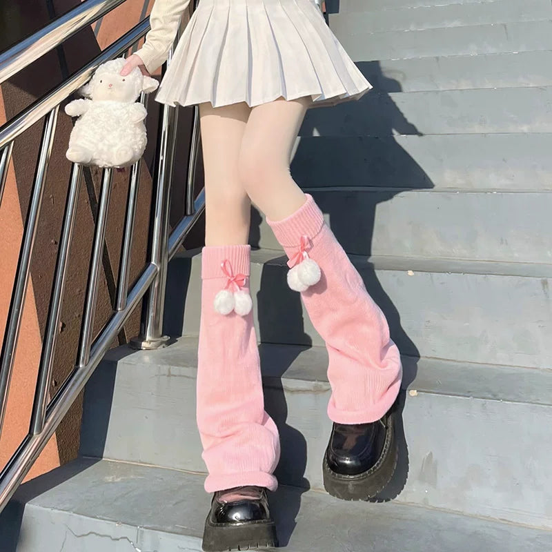 Floral Milk Cat - Pom-Pom Slouch - Socks with Long Knit Leg Warmers and Pom-Pom Accents