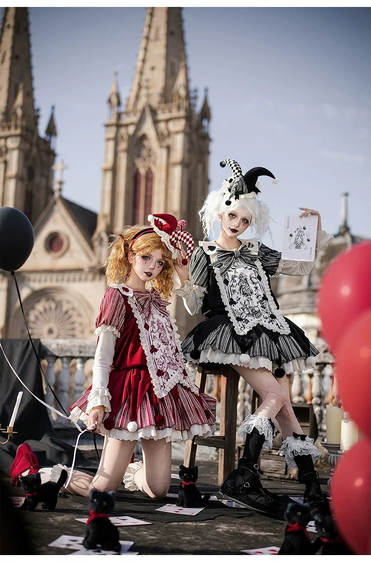 With PUJI - Puppet Mask - Clown Inspired Gothic Lolita OP Dress, Loose Fit