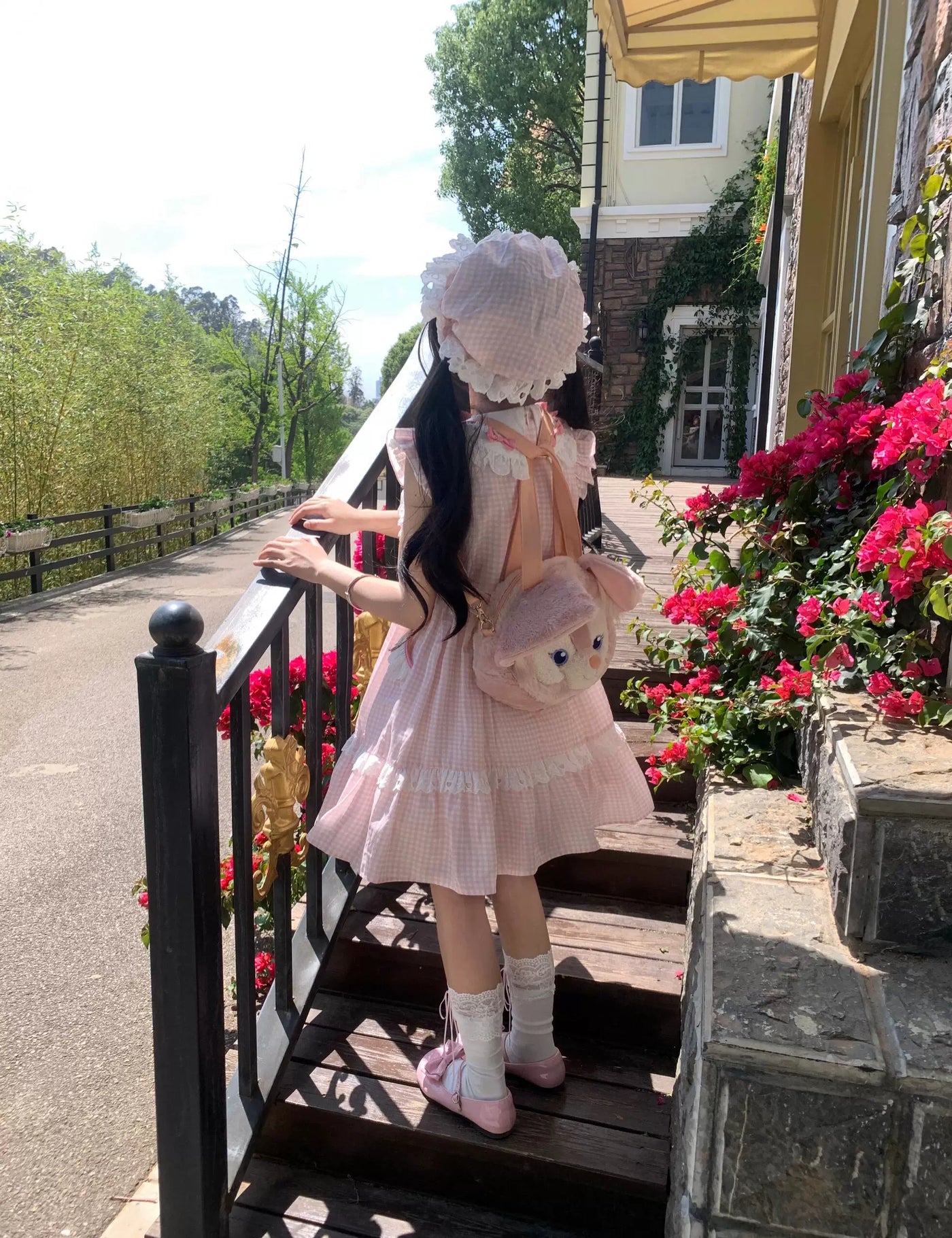 Creamy - Pink Gingham Flutter Sleeve - OP dress with a ruffled bib and tiered skirt