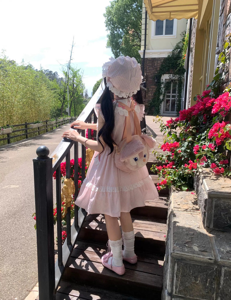 Creamy - Pink Gingham Flutter Sleeve - OP dress with a ruffled bib and tiered skirt