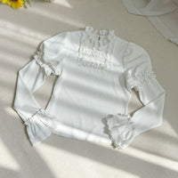 With PUJI - Wind Floc - Classic Lolita Top, Ruffle Trim & Stand Collar - Lace High-Neck White Knit Top - Pre-Order, Ships Starting Nov 6 / S
