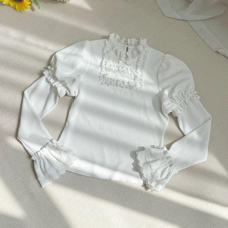 With PUJI - Wind Floc - Classic Lolita Top, Ruffle Trim & Stand Collar detail view 8