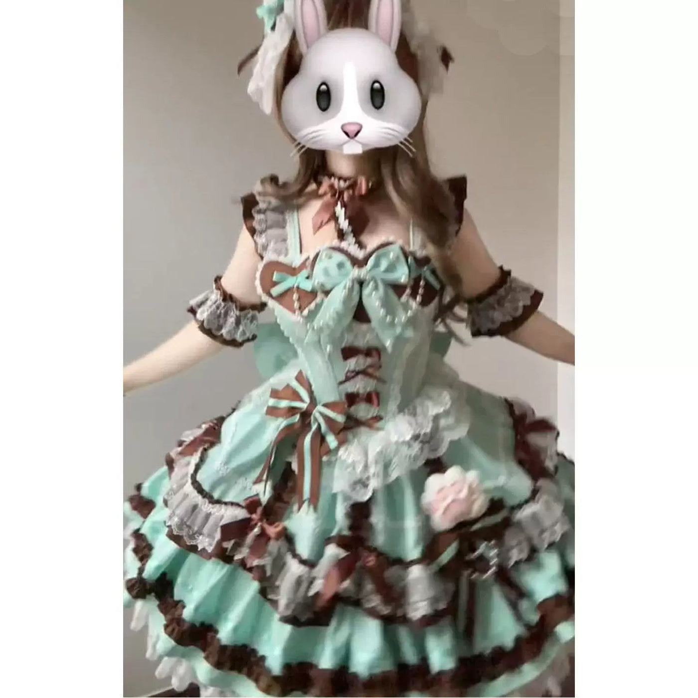 Creamy - Mint Chocolate - Mint-and-Chocolate JSK Dress Set with Ruffled Train