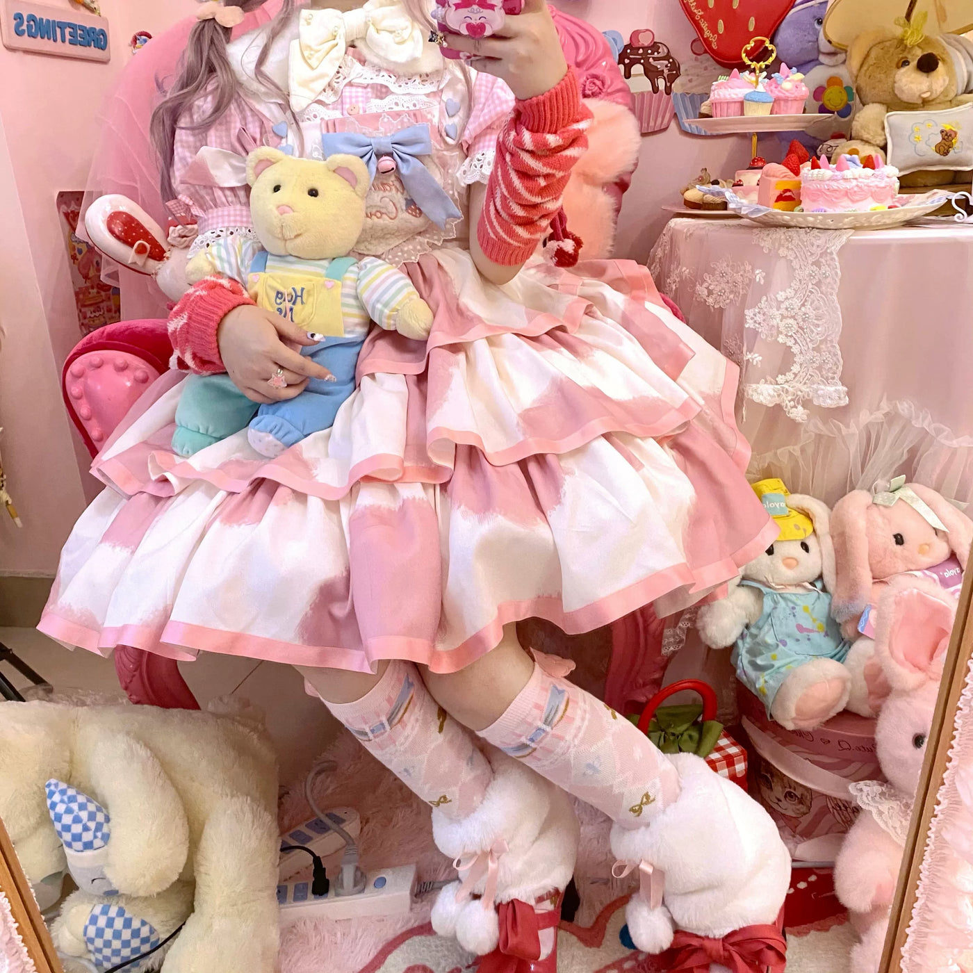 Tata Long Ear - Milk Cake Cow Print - Cow-Print JSK Dress with Three-Section Skirt