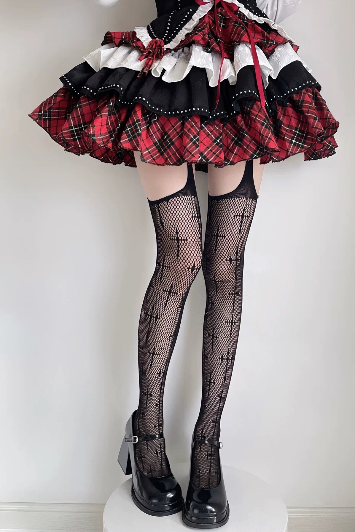 Fantasy Doll - Cross Web - Fishnet Garter Stockings with Cross Motifs