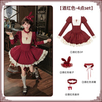 With PUJI - Lia - Classic Lolita OP Dress, Ruffle Trim & Square Neckline - Wine Red 4-piece set (wine red OP + wine red hat + wine red collar + wine red leg rings) Pre-order in stock / M