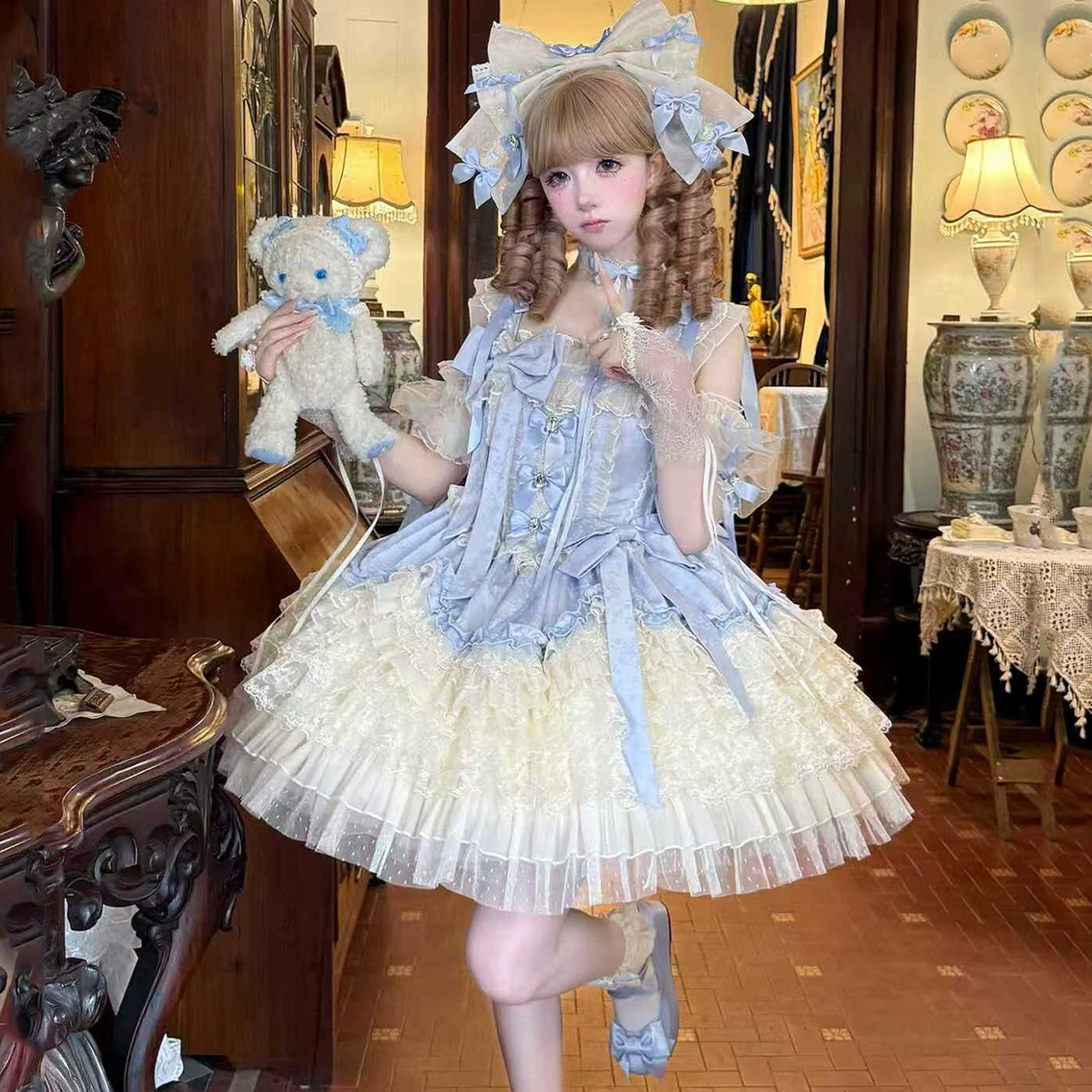 Miaolin Original - Sakura Dream Blue Ballet - JSK dress with layered blue-and-white trim