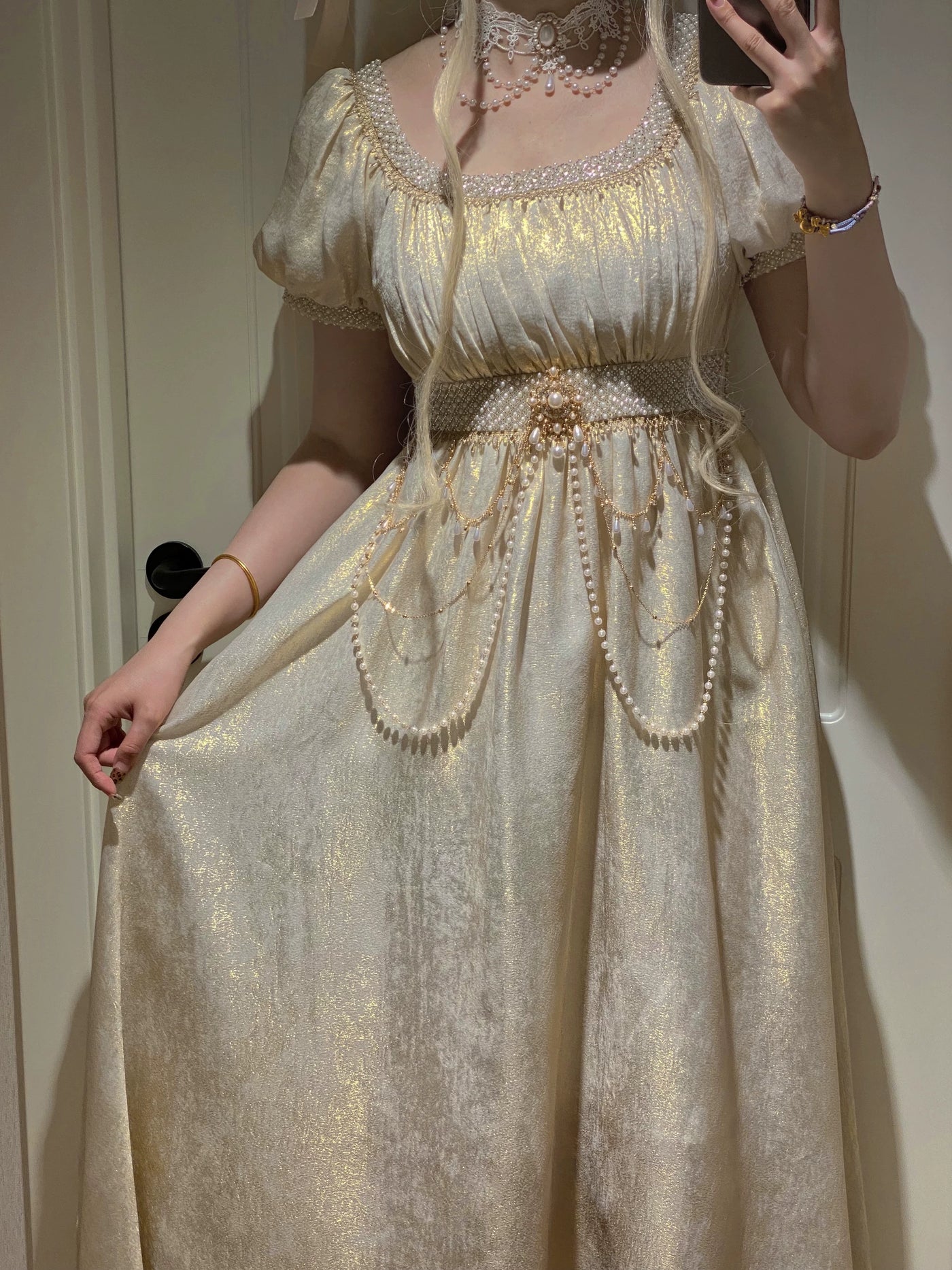 Thousand Wood - Moonlight Amber - Long OP Dress with Empire Waist and Beaded Trim