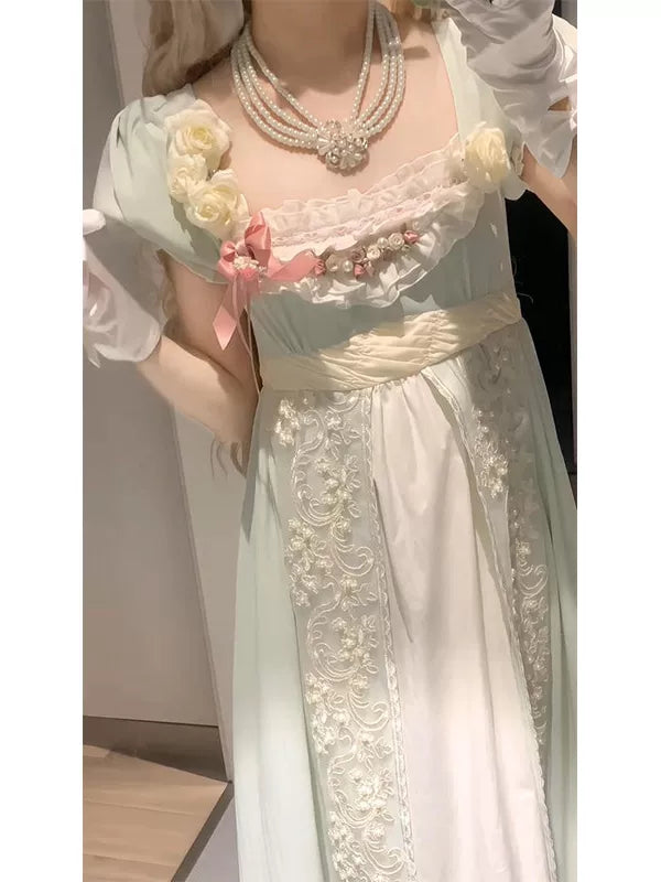 Creamy - Green Palace - Pale Green Empire-Style Dress with Puff Sleeves