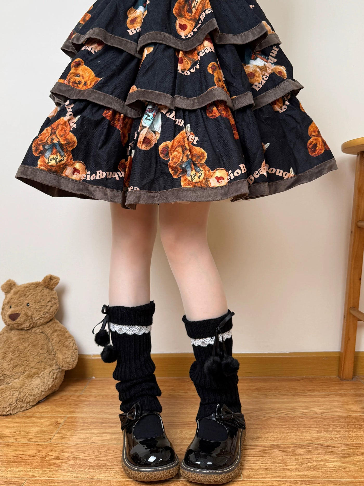 Chubby Bear Tales - Ribbon Knit - Scrunched Knit Leg-Warmer Socks with Ribbon Ties