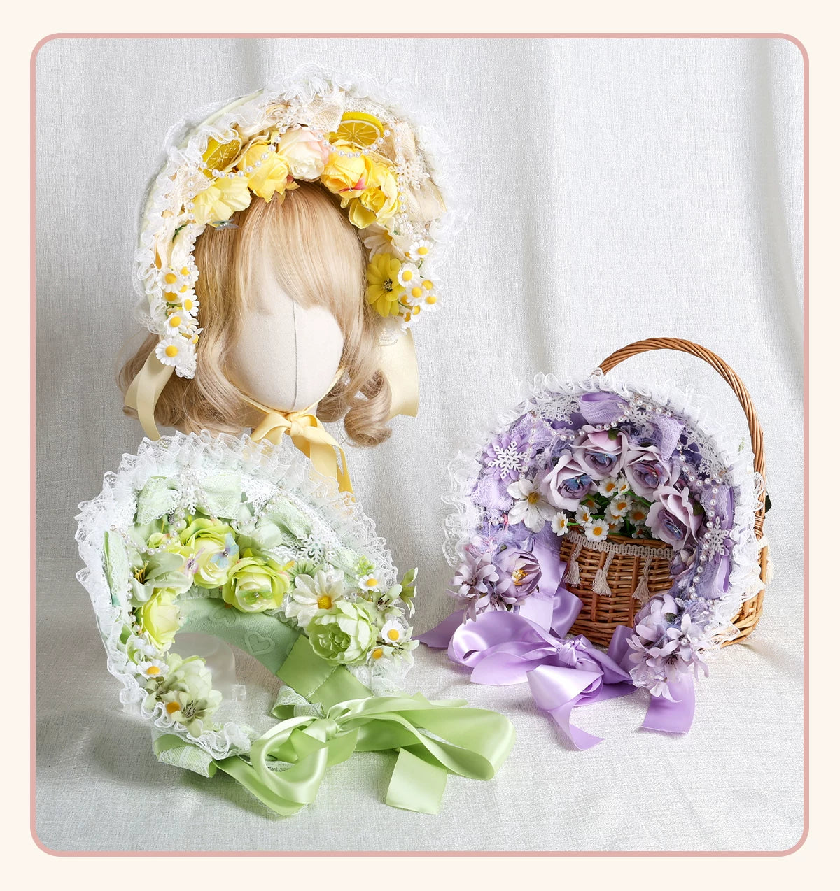 Stardust Rose - Autumn-Winter Dream - Lace-Trimmed Flat Hat with Ribbon Bows