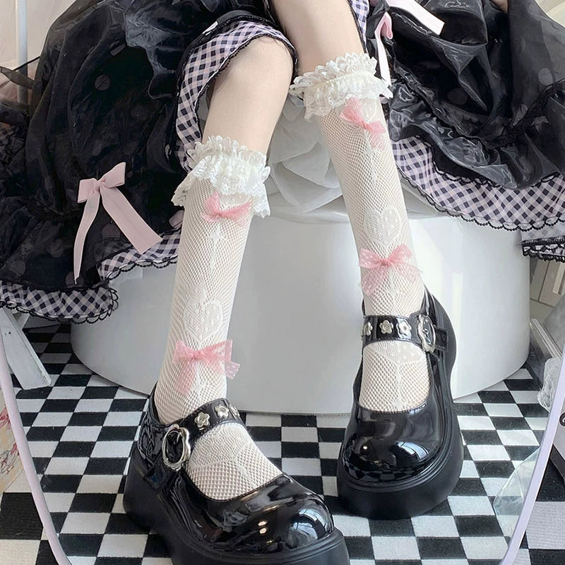 Floral Milk Cat - Ballet Bow - Lace-trimmed ribbon socks