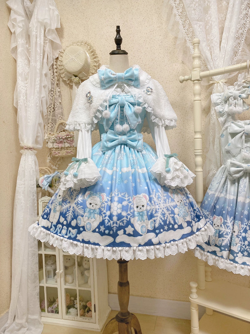 Snowflake Bear Lace-Trim Plush Lolita JSK — Light Blue Full Set 1 - JSK + Blouse + Cape + Headdress