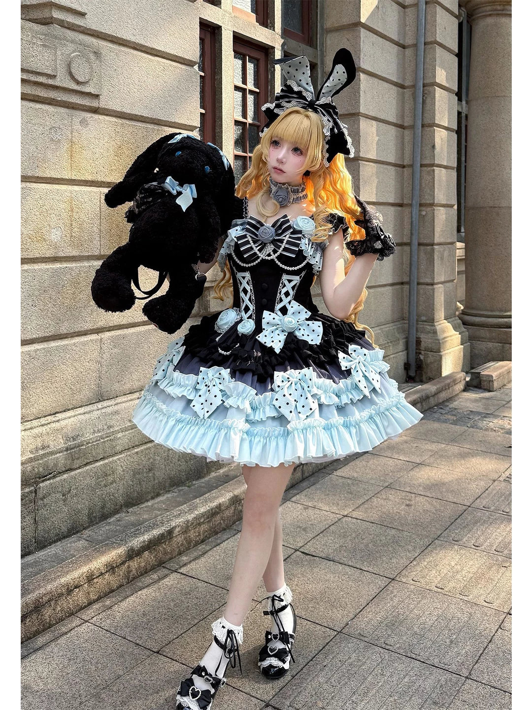 Creamy - Future Color - Black-and-light-blue JSK dress set with polka-dot bows