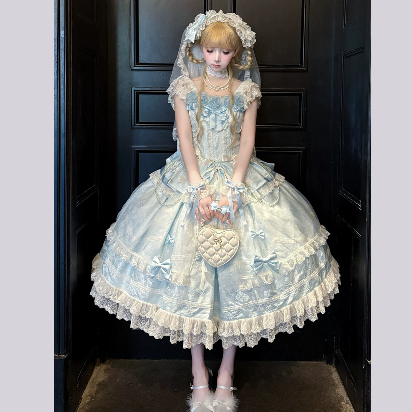 Yanran Ice Water Rose JSK dress bodice detail with sweetheart neckline and pearl embellishments