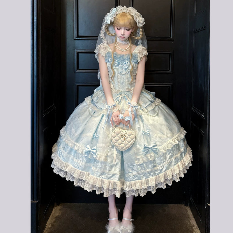 Yanran Ice Water Rose JSK dress bodice detail with sweetheart neckline and pearl embellishments