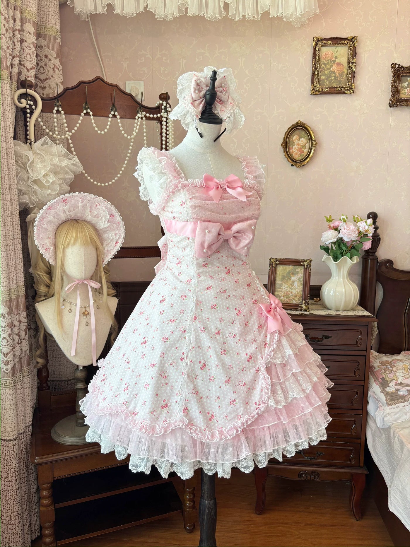 Strawberry Sweetie Bear - Spring Bud - Old School Lolita Floral Print JSK Dress, Layered Skirt