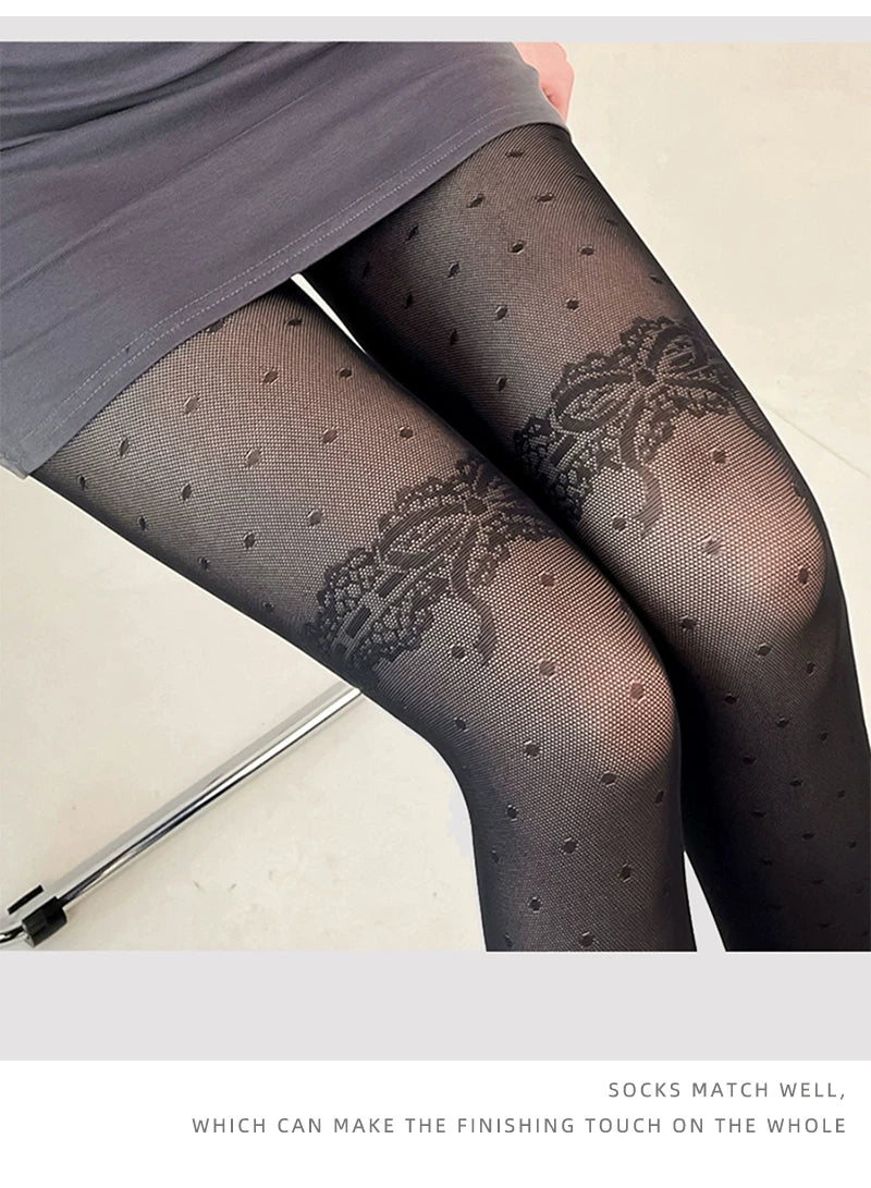 Floral Milk Cat - Y2K Polka Dot - Polka-Dot Tights with Lace Thigh Motif