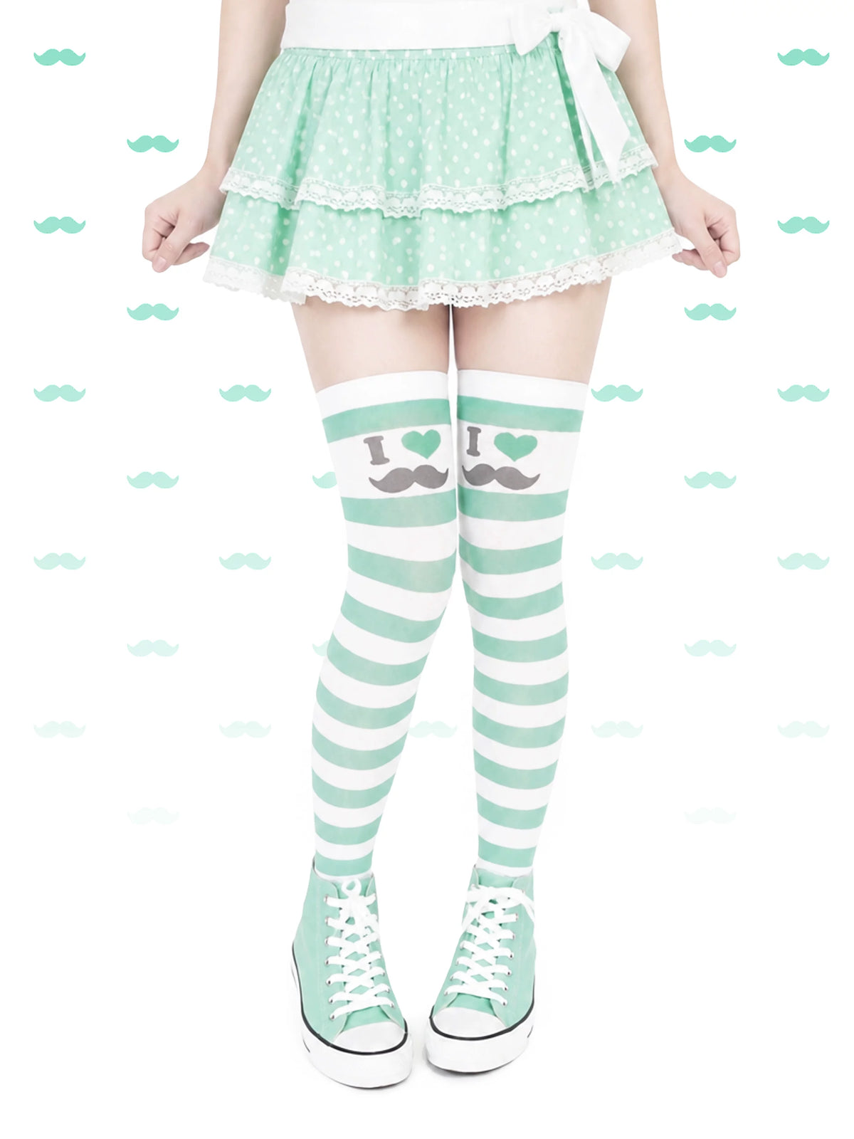 Electric Eye Beauty mint stripe moustache over-the-knee socks - view 2